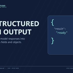 Op de afbeelding: Een donkerblauw digitaal grafisch sjabloon getiteld STRUCTURED AI OUTPUT. Het bevat de tekst Turn model responses into clean fields and objects, en een codeblok met { result: ready }. Links bovenaan staat EASYUPLOAD n8n WORKFLOW TEMPLATE.
