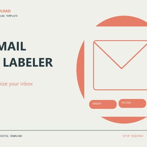 Könnte beinhalten: Eine digitale Vorlage mit dem Titel EASYUPLOAD N8N WORKFLOW TEMPLATE GMAIL AI LABELER Organize your inbox. Die Grafik zeigt ein großes korallenfarbenes Umschlag-Symbol, zwei korallenfarbene Schaltflächen mit URGENT und REVIEW.