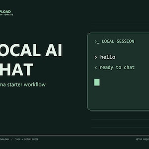 May include: A dark green digital workflow template graphic featuring the text EASYUPLOAD n8n WORKFLOW TEMPLATE, LOCAL AI CHAT, and Ollama starter workflow. A terminal-style box displays LOCAL SESSION, hello, ready to chat, and a cursor block.