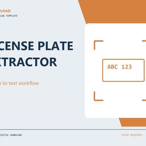 May include: A digital template graphic titled LICENSE PLATE EXTRACTOR with the subtitle Image to text workflow. The design features a white square with orange corner brackets framing a rectangle containing the text ABC 123 on a light gray background.