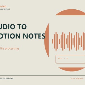May include: A digital template titled AUDIO TO NOTION NOTES with the subtitle Drive file processing. The design features a beige background, dark green text, and a terracotta-coloured sound wave graphic inside a circle with a notes box.