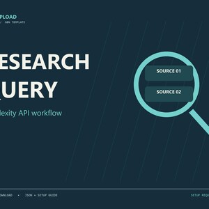 May include: A dark blue digital template featuring the text RESEARCH QUERY and Perplexity API workflow. A light blue magnifying glass icon contains two rectangular boxes labelled SOURCE 01 and SOURCE 02. The bottom includes text reading DIGITAL DOWNLOAD, JSON + SETUP GUIDE, and SETUP REQUIRED.