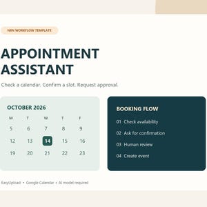 Könnte beinhalten: Eine N8N-Workflow-Vorlage mit dem Titel Appointment Assistant und dem Text Check a calendar. Confirm a slot. Request approval. Sie zeigt einen Kalender für Oktober 2026 mit dem hervorgehobenen 14. sowie eine Booking Flow Liste mit den Schritten 01 bis 04.