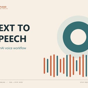 May include: A digital template graphic featuring the text EASYUPLOAD n8n WORKFLOW TEMPLATE, TEXT TO SPEECH, and OpenAI voice workflow. The design includes a large teal circle on a light background and a vertical orange and teal sound wave pattern.