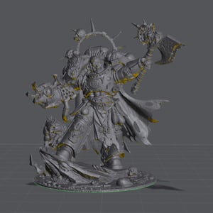 Puede incluir: Miniatura detallada impresa en 3D de un guerrero con armadura ornamentada, empuñando un hacha grande y un arma mecánica. La figura se alza sobre una base rocosa, con una estructura similar a un halo detrás de la cabeza. La combinación de colores es principalmente gris con detalles dorados.