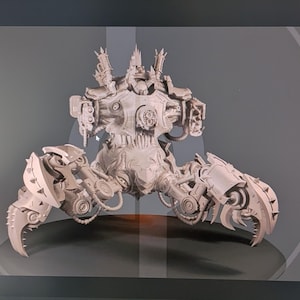 Peut inclure: Modèle gris clair détaillé d'une machine de guerre mécanique avec de multiples membres articulés et un corps central. Le modèle présente des détails complexes, notamment des engrenages, des tuyaux et des appendices en forme de griffes, suggérant un thème de science-fiction ou de fantaisie.