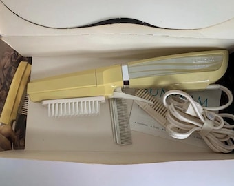 Pente aquecido Sunbeam Jet Mist vintage de 1971 com caixa, ferramenta retrô para estilizar cabelo, fabricado no Japão.