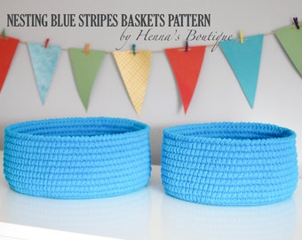 Crochet Basket Pattern - Nesting Blue Stripes Baskets - PDF