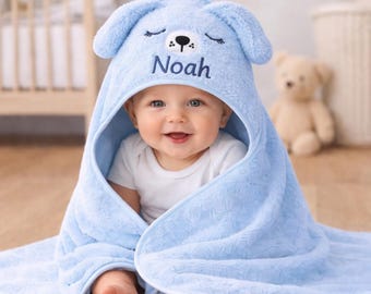 Personalized Baby Hooded Towel, Custom Name Baby Bath Towel, Cute Animal Hooded Towel, Soft Cotton Baby Shower Gift, Panda Deer Puppy Towel