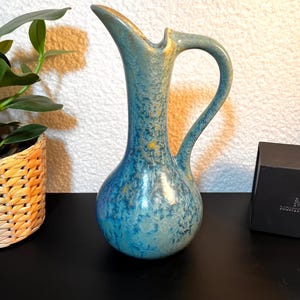 Aiguière Pierrefonds en céramique – Crystalline glaze blue green – Vintage French mid century pottery