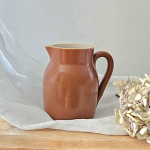 May include: A medium-sized, solid brown ceramic pitcher with a smooth, glossy finish, a rounded body, a curved handle on the right side, and a small pouring spout at the top rim, presented as a standalone functional kitchen vessel.