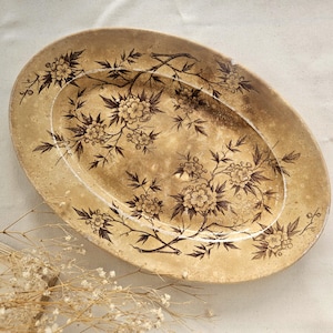 May include: An oval-shaped ceramic platter featuring a mottled tan and beige glaze with a dark brown transferware pattern of blooming flowers and leafy branches extending across the surface. The dish has a smooth, slightly glossy finish.