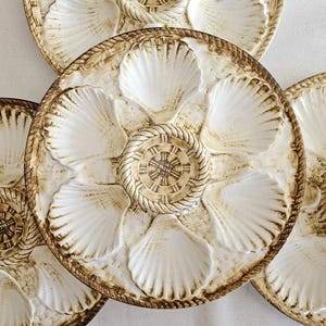 Plato de ostras de loza Longchamp France – Diseño de concha de vieira – Plato de ostras – Vajilla francesa vintage