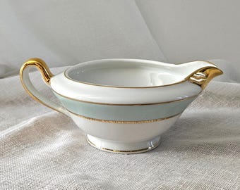 Saucière vintage Poral Limoges en porcelaine – bleu poudré et dorures – Saucière française élégante – Vaisselle ancienne