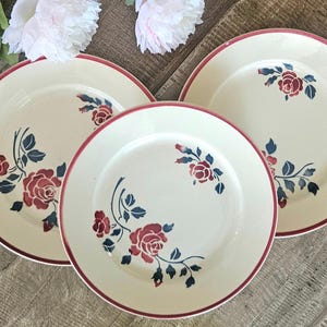 Peut inclure: Trois assiettes rondes en céramique avec une base couleur crème et un bord rouge fin. Chaque assiette présente un motif floral composé de roses rouge foncé et de feuilles bleu foncé disposées en bouquet décoratif sur la vaisselle.