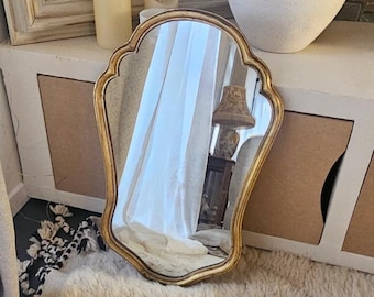 Vintage gold-tone scalloped mirror, 64 cm • Large antique boudoir mirror with patina • Romantic country chic decor