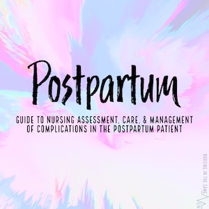 Puede incluir: Un fondo abstracto rosa y azul con el texto "Postpartum" en negro. El texto debajo dice "Guide to Nursing Assessment, Care, & Management of Complications in the Postpartum Patient".