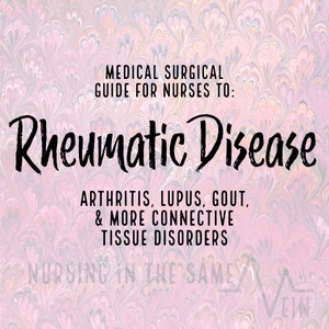 Puede incluir: Un fondo de mármol rosa y blanco con texto negro que dice "MEDICAL SURGICAL GUIDE FOR NURSES TO: Rheumatic Disease ARTHRITIS, LUPUS, GOUT, & MORE CONNECTIVE TISSUE DISORDERS"