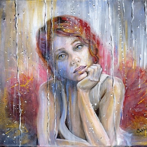 May include: An oil painting of a pensive person with red hair, gazing forward. The artwork features a soft color palette with blues, pinks, and yellows. Raindrops are painted on the surface, creating a sense of looking through a window.
