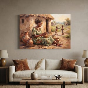 African Woman Potter Canvas Print, Traditional Village Scene, Cultural Art Wall Decor, Black Woman Artisan Decor, Rustic Clay Pot Art