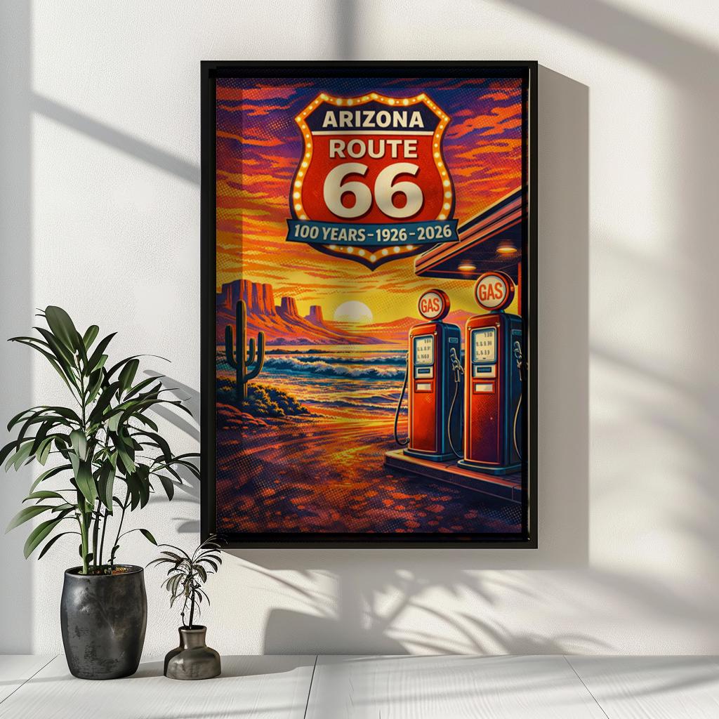 Arizona Route 66 Centennial Poster | Retro Gas Station Desert Art