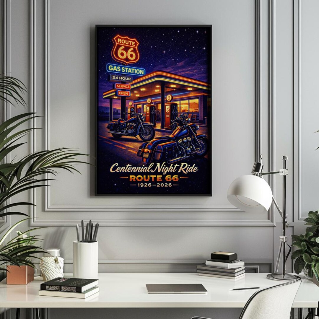 Route 66 Centennial Neon Night Poster | Vintage Gas Station Biker Art ...