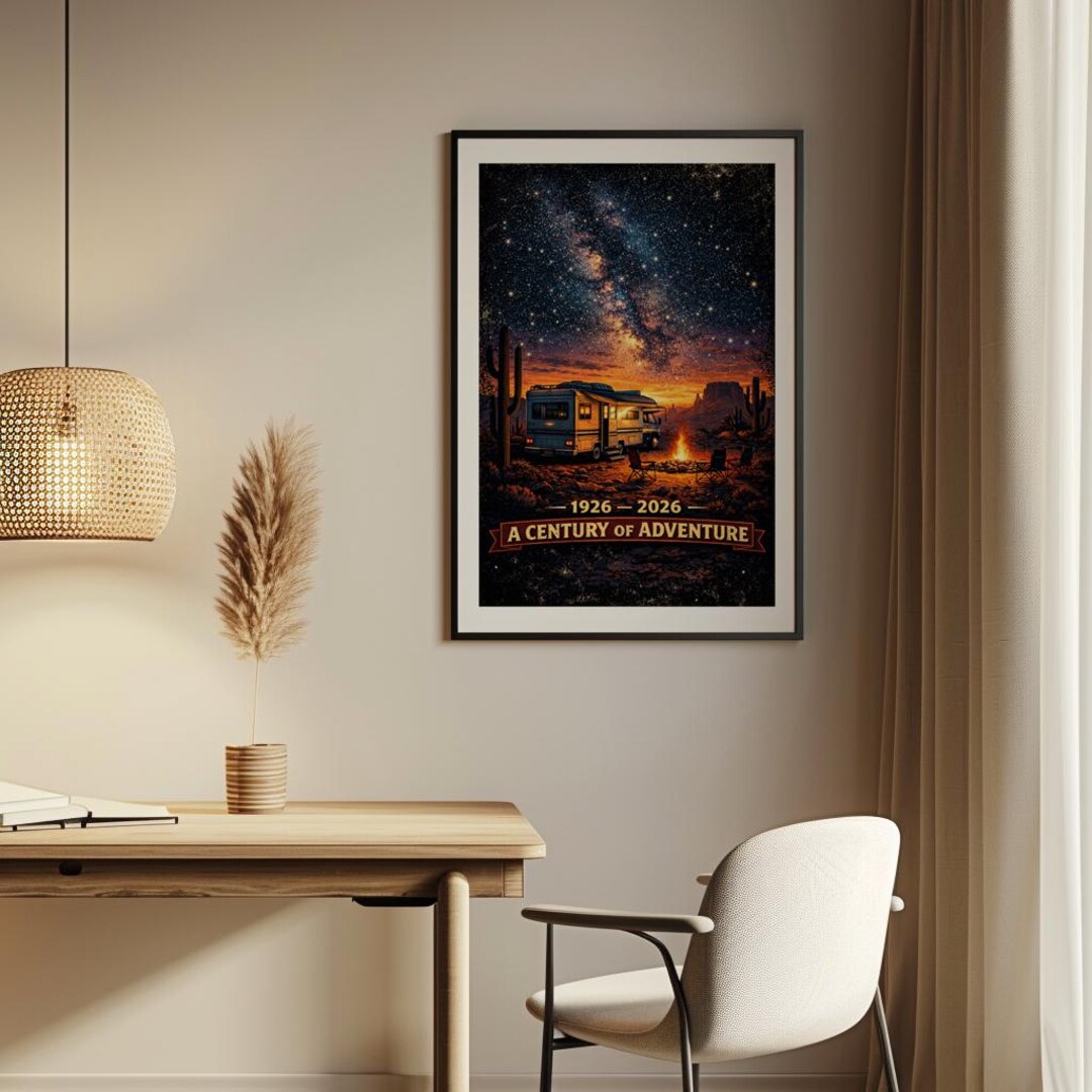 Route 66 Centennial RV Camping Poster | Milky Way Desert Night Art ...