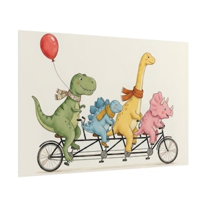Dinosaurs on a Tandem Bicycle Poster, Cute Whimsical Nursery Wall Art, Colorful Kids Playroom Decor, T-Rex Triceratops Print