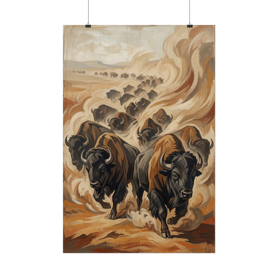 Bison Stampede Art Print - Vintage Western Buffalo Poster, Majestic ...