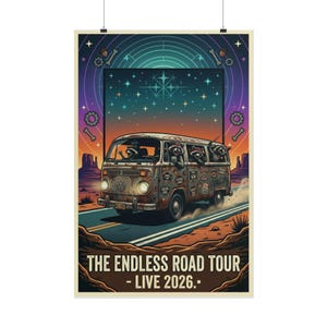 Tournüre Van Poster – The Endless Road Tour 2026, Retro 70s VW Art