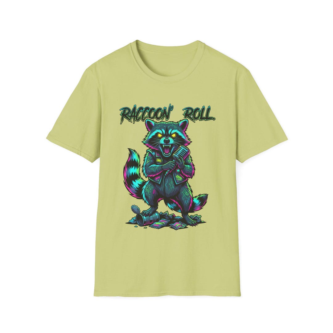 Raccoon Roll T-shirt – Punk Rock Raccoon Lead Singer, 80s Retro Neon ...