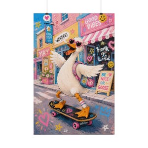 Niedliches Poster mit einer Skatergans in Pastellrosa, Y2K-Ästhetik, witzige Wanddeko mit einer Skateboard fahrenden Gans, verspieltes Mädchenzimmer-Poster, Sei nett oder Gans