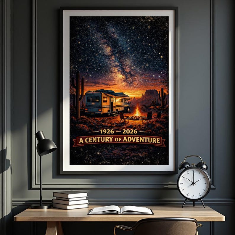 Poster Rv 6 Route 66 Centennial RV Camping Poster | Milky Way Desert Night Art ...