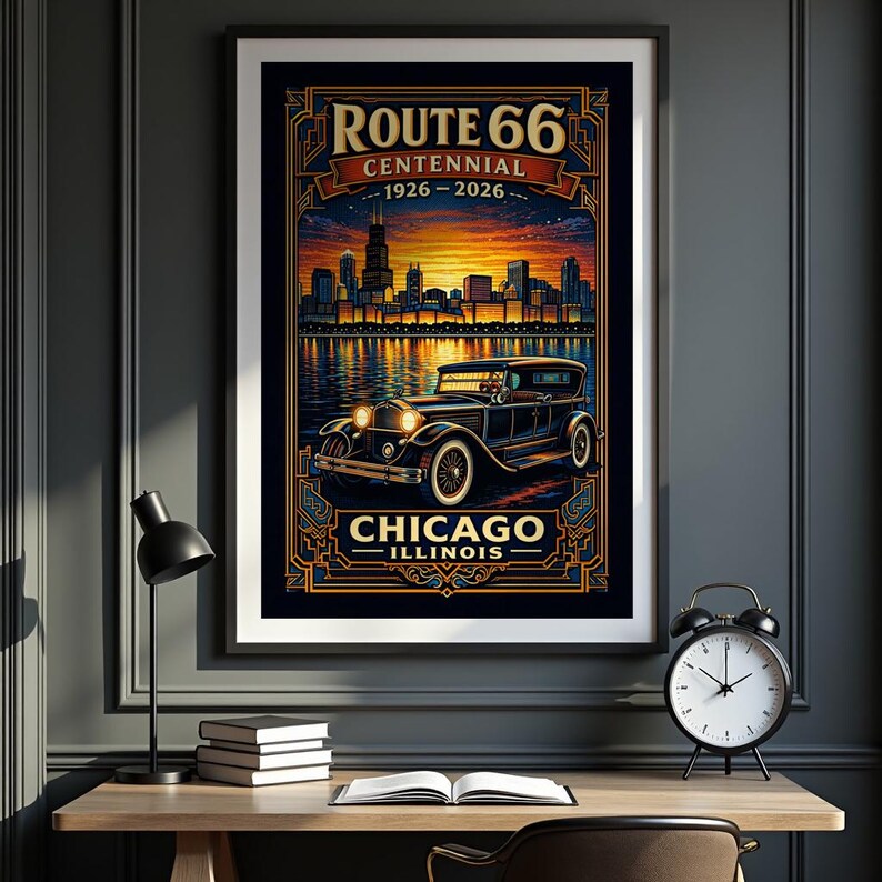 Chicago Route 66 Centennial Art Deco Skyline Print | 1920s Touring Car ...