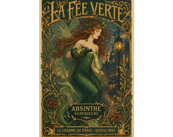 Póster de absenta La Fée Verte Art Nouveau – Decoración del carrito de bar Green Fairy Paris