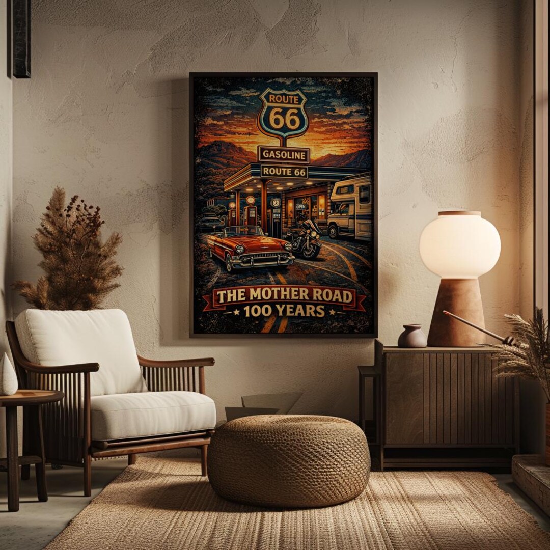 Route 66 Centennial Sunset Poster | Vintage Gas Station Neon Print ...