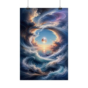 Cosmic Ocean Portal Poster | Surreal Wave Vortex & Celestial Sphere Art, Dreamy Abstract Seascape, Meditation Wall Decor