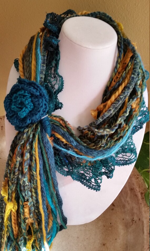 Fringe Scarf-peacock -teal, Blue/green, Aqua, Golden Tones  display picture 2