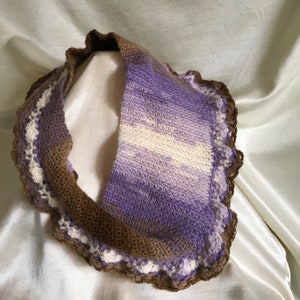 Shawlette- Lilac, white, brown shades, Crescent shape, lace crochet