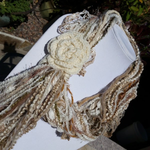 Fringe Scarf-Neutral colors of cream, golden brown beige, taupe with crochet flower fiber art all fringe boho scarf
