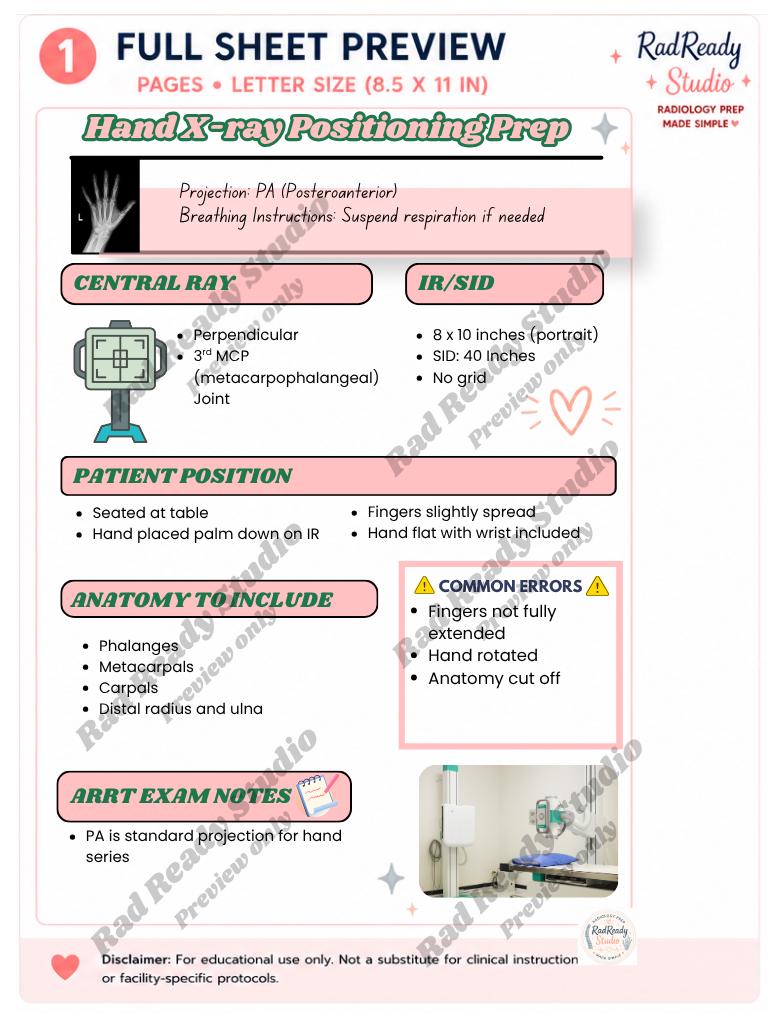 Hand X-ray Positioning Prep Sheet | Radiology Study Guide | PA Oblique ...