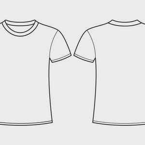 May include: A vector illustration of a short-sleeved t-shirt, shown from the front and back. The shirt is plain white with a crew neck and short sleeves. The design is outlined in black, with a simple, clean aesthetic.