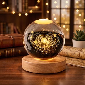 Könnte beinhalten: Eine klare Glaskugel mit einem leuchtenden Sonnensystem-Design, das auf einem Holzsockel steht. Die Kugel wird von warmem, goldenem Licht beleuchtet, das die Planeten und Sterne hervorhebt. Der Sockel hat eine natürliche Holzfarbe. Das Thema ist himmlisch und dekorativ.