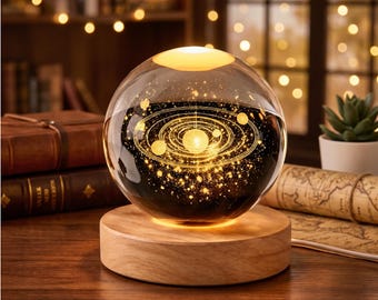 3D Solar System Crystal Ball Lamp – Glowing Planets Night Light, Wooden Base Home Decor, Gift For her, Table Lamp