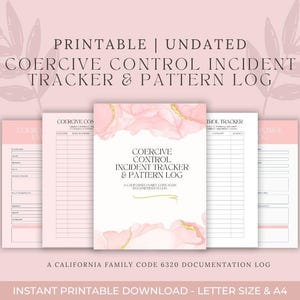 Op de afbeelding: Een printbare, ongedateerde set documenten voor het bijhouden van incidenten van dwingende controle. De pagina's hebben een witte achtergrond met roze aquarel- en goudfolieaccenten, zwarte tekst en gestructureerde tabellen voor het noteren.