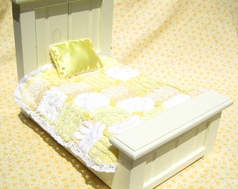 Doll Quilt and Pillow, Yellow Small Doll Chenille Patchwork Quilt, Lovey, doll blanket, Security Blanket