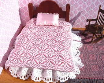 Dollhouse Pink Coverlet Handwoven, Star of Bethlehem Miniature Blanket, Small Doll Bedding, Handwoven Shell Pink Mini Bedspread