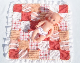 Doll Quilt, Peach and Orange Doll Quilt, Car Seat Blanket, Chenille Patchwork Doll Quilt, Lovey, Security Blanket, Small Doll Blanket