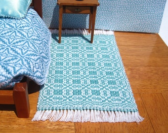 Dollhouse Rug, Miniature Handwoven Area Rug, Miniature Turquoise Dollhouse Rug