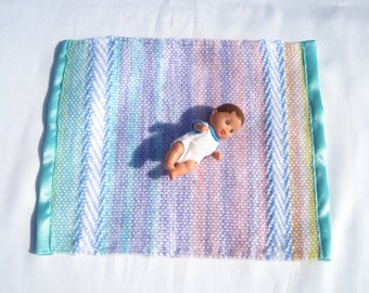 Small Doll Blanket Handwoven in Rainbow Colors, Dollhouse Blanket, Tiny Doll Blanket, Variegated Doll Blanket, Small Doll Bed Cover